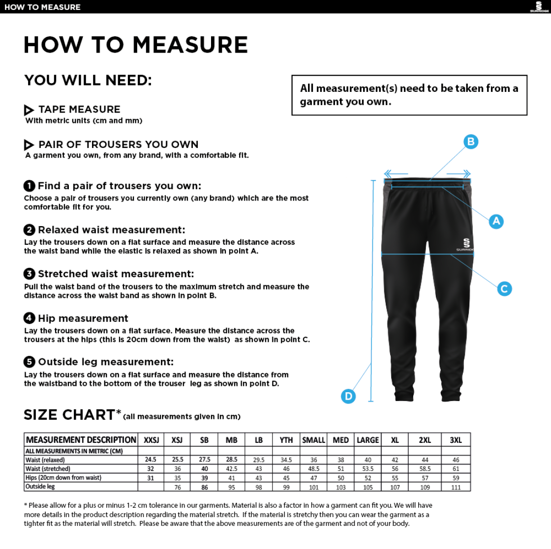 Bapchild Cricket Club Tek Slim Training Pants : Navy - Size Guide