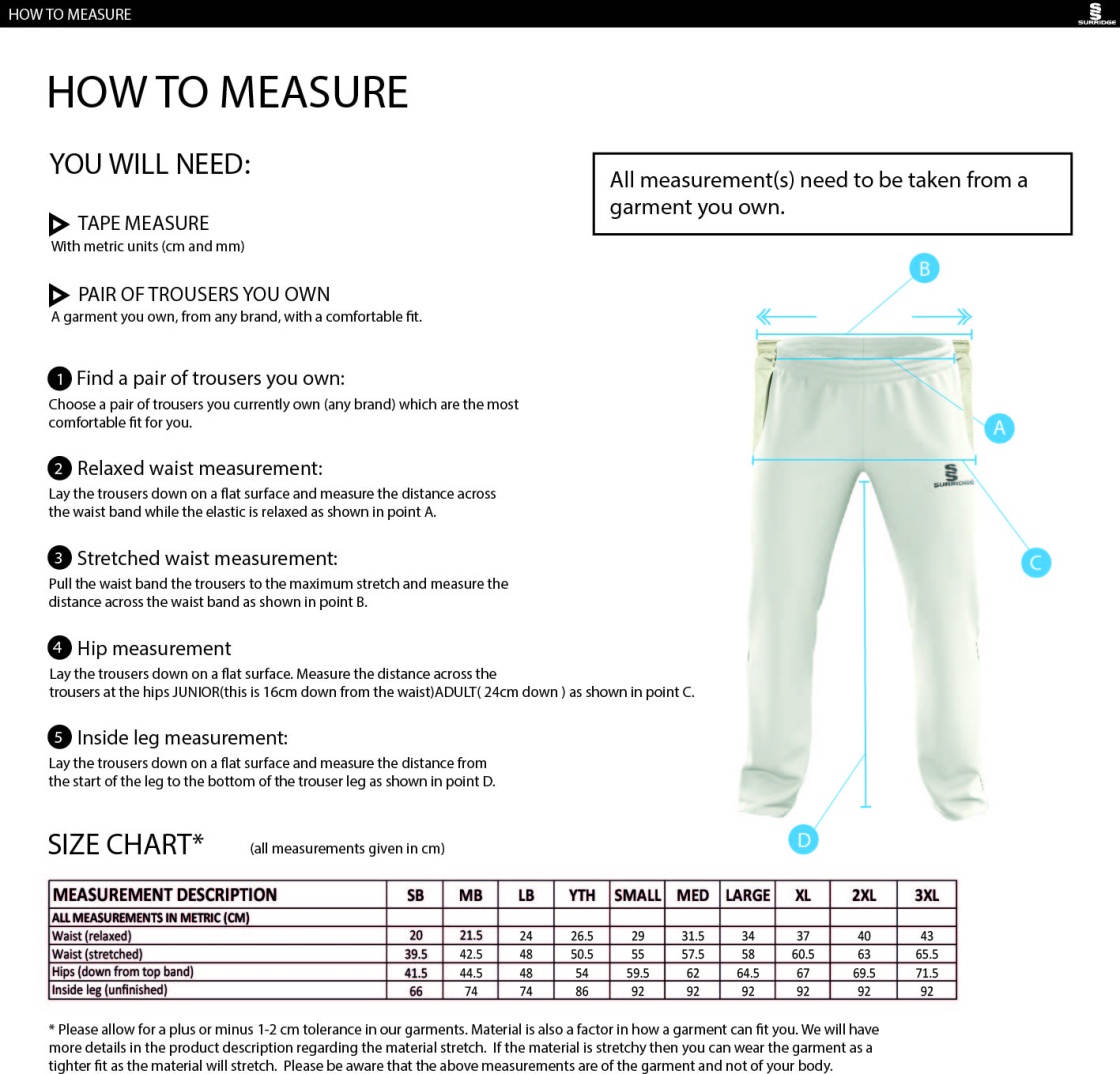 Bapchild Cricket Club Pro Playing Trousers - Size Guide