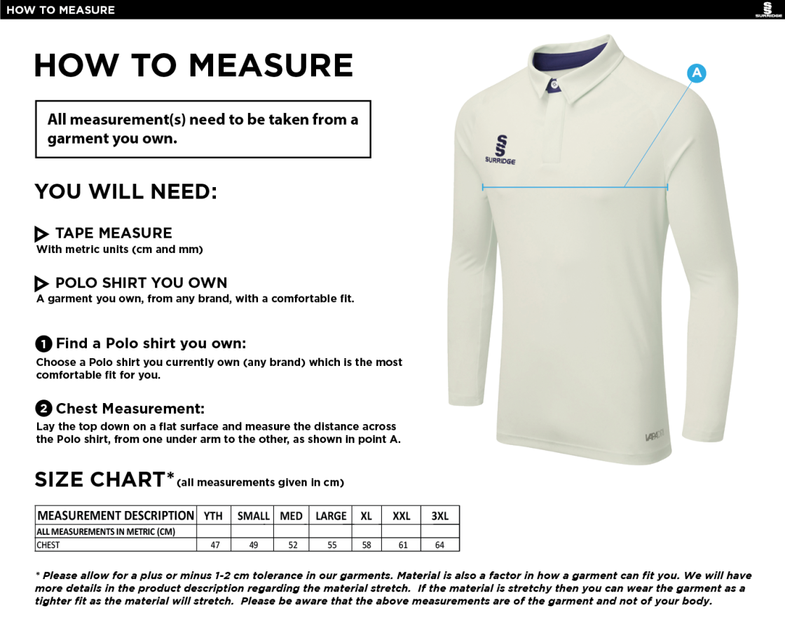 BAPCHILD CC FUSE LONG SLEEVE CRICKET SHIRT - Mens / Juniors - Size Guide