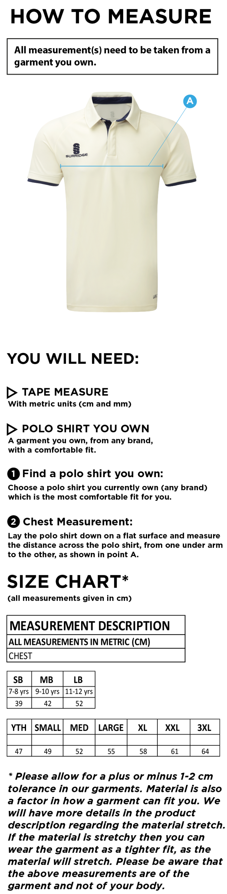 BAPCHILD CC JUNIOR PLAYING SHIRT - Size Guide