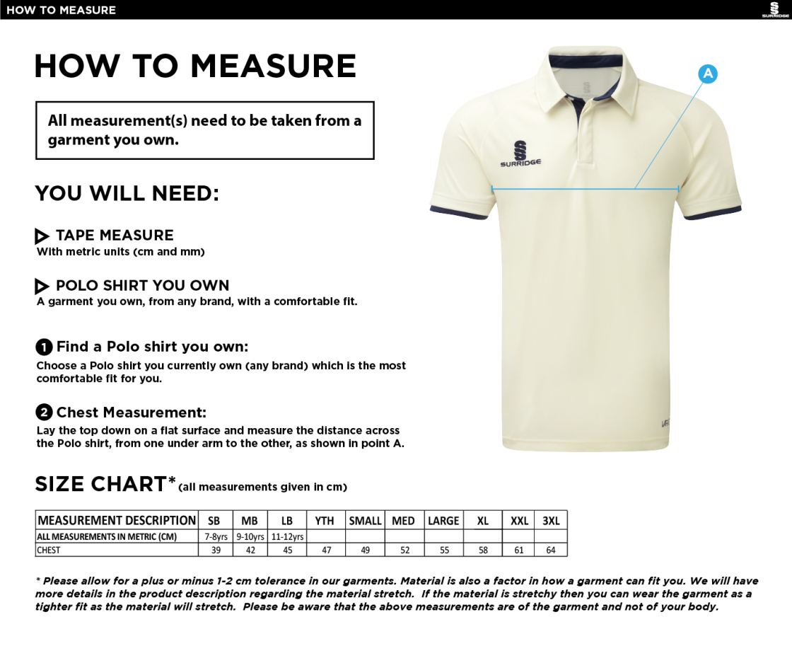 Bapchild Cricket Club Ergo Cricket Shirt - Short Sleeve - Size Guide