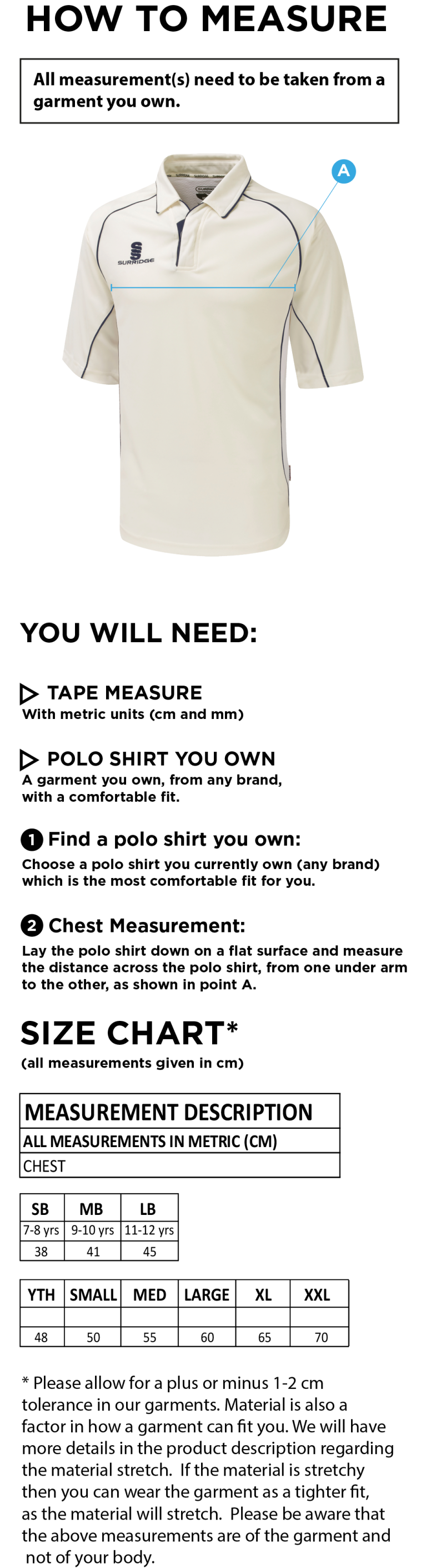 Bapchild Cricket Club 3/4 premier shirt - Size Guide