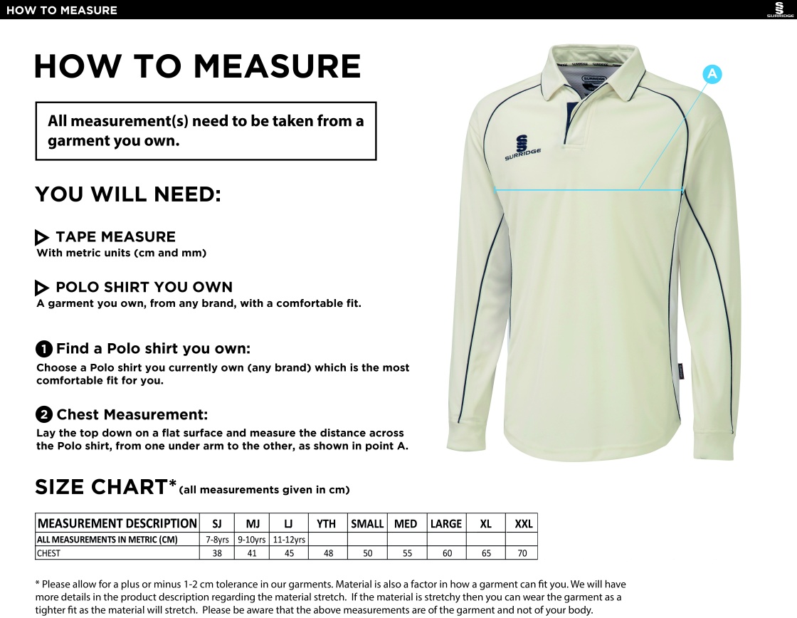 Bapchild Cricket Club Long Sleeve Premier Shirt - Size Guide