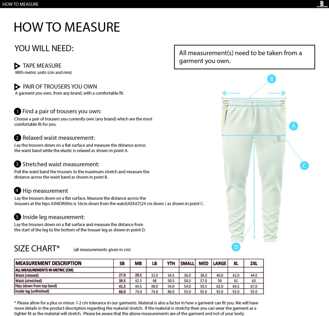 Bapchild Cricket Club tek playing trousers - Size Guide