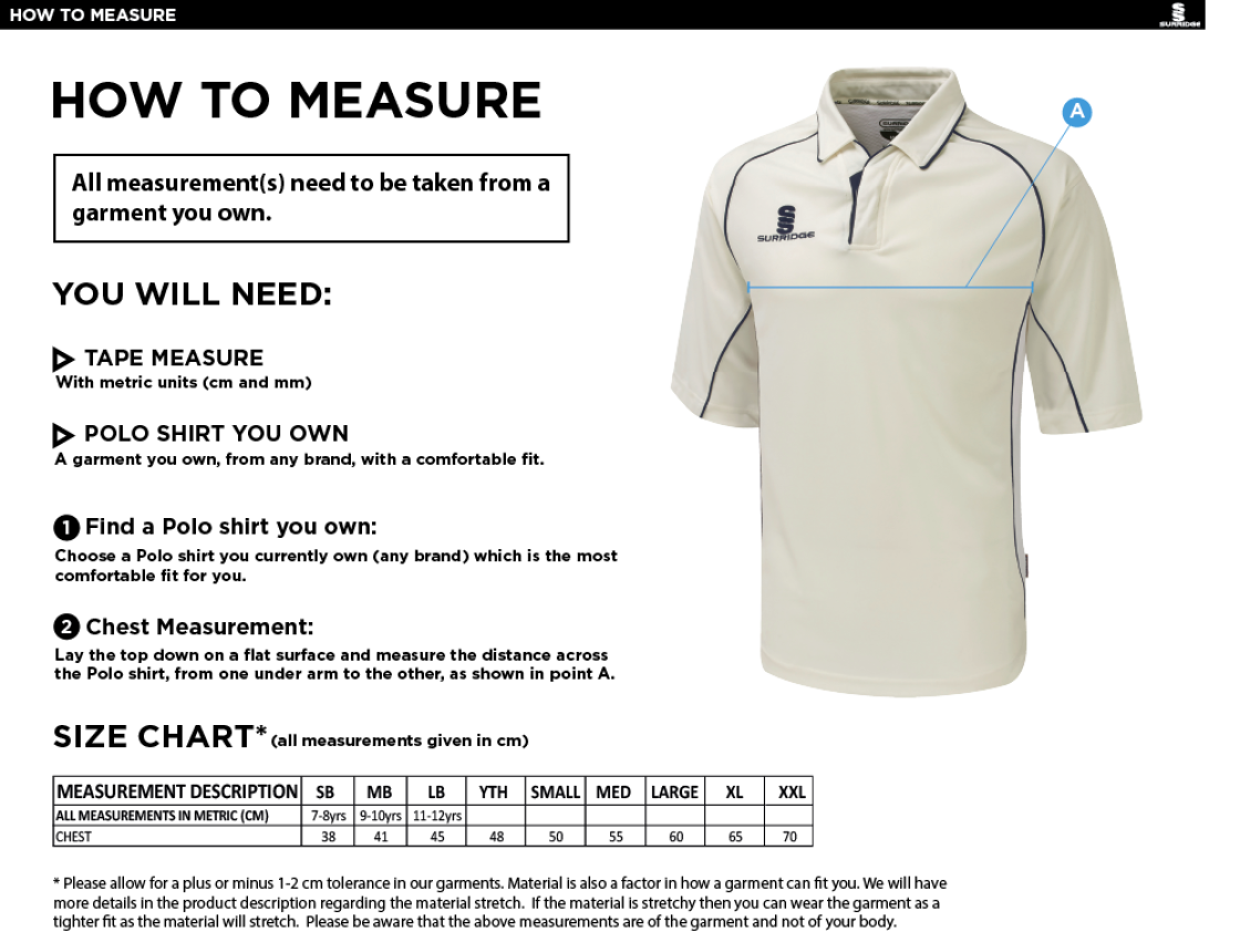 Bapchild Cricket Club 3/4 premier shirt - Size Guide